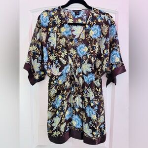 MODA- sz,M- 100% silk tunic, excellent condition, flower print, brown silk edges